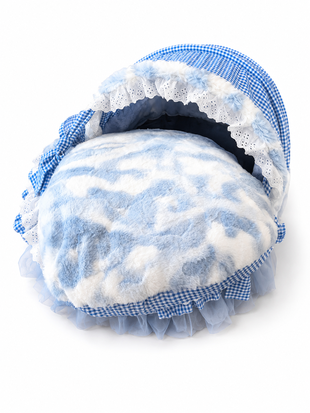 Blue gingham princess pet bed with lace canopy, faux fur trim, and removable plush cushion