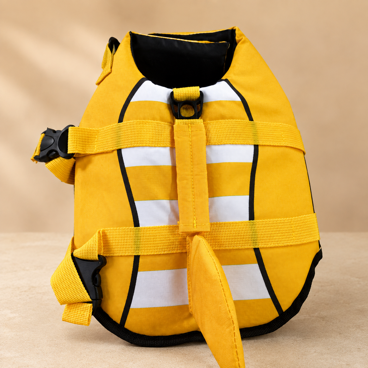 Yellow shark fin dog life jacket front view with white stripes, black trim, D-ring, and buckle straps