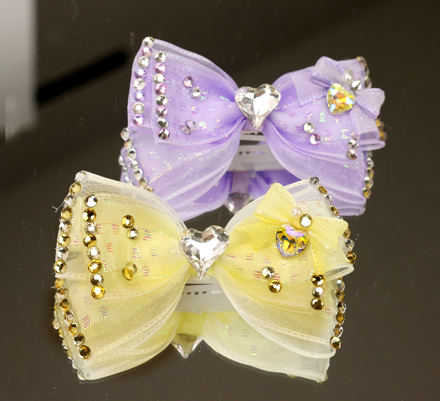 Pet Accessories Rhinestone Heart Tulle Bow Hair Clip headwear