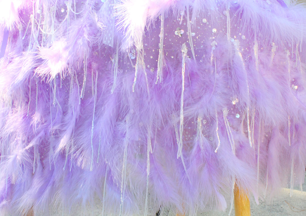 Lavender feather texture and sequined mesh detail on couture dog bridal dress