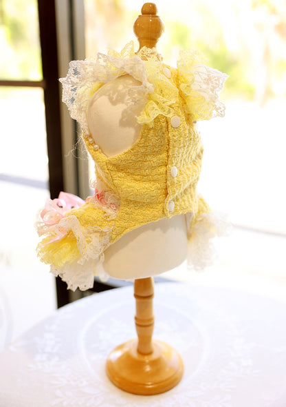 Yellow Princess Tweed Dog Dress – Luxury Lace Boutique Outfit for Small Dogs