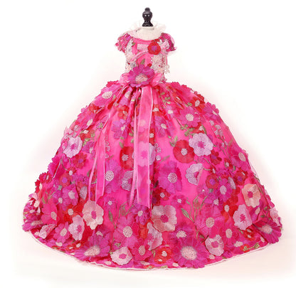 Handmade 3D Floral Embroidered Pet Gown – Hot-Pink Princess Train Dress