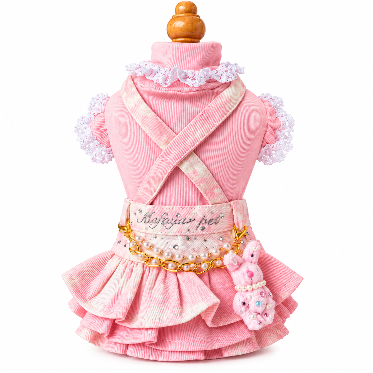 Pink tie-dye denim suspender pet skirt layered over pink cotton ruffle shirt