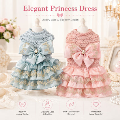 Luxury princess dog dresses in baby blue and blush pink featuring oversized satin bows, embroidered lace trim, layered ruffle skirts, and boutique pet fashion styling