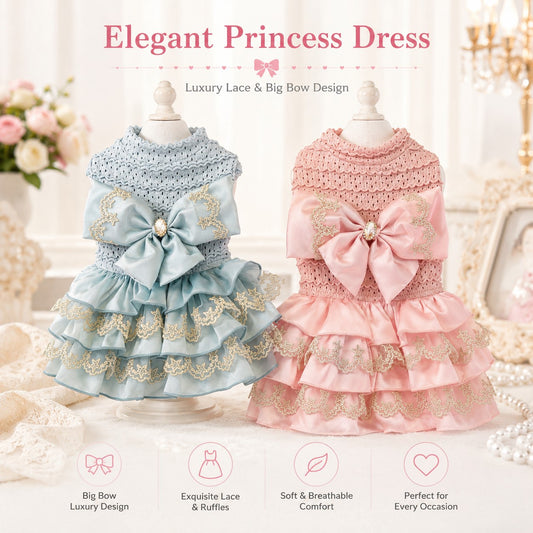 Luxury princess dog dresses in baby blue and blush pink featuring oversized satin bows, embroidered lace trim, layered ruffle skirts, and boutique pet fashion styling