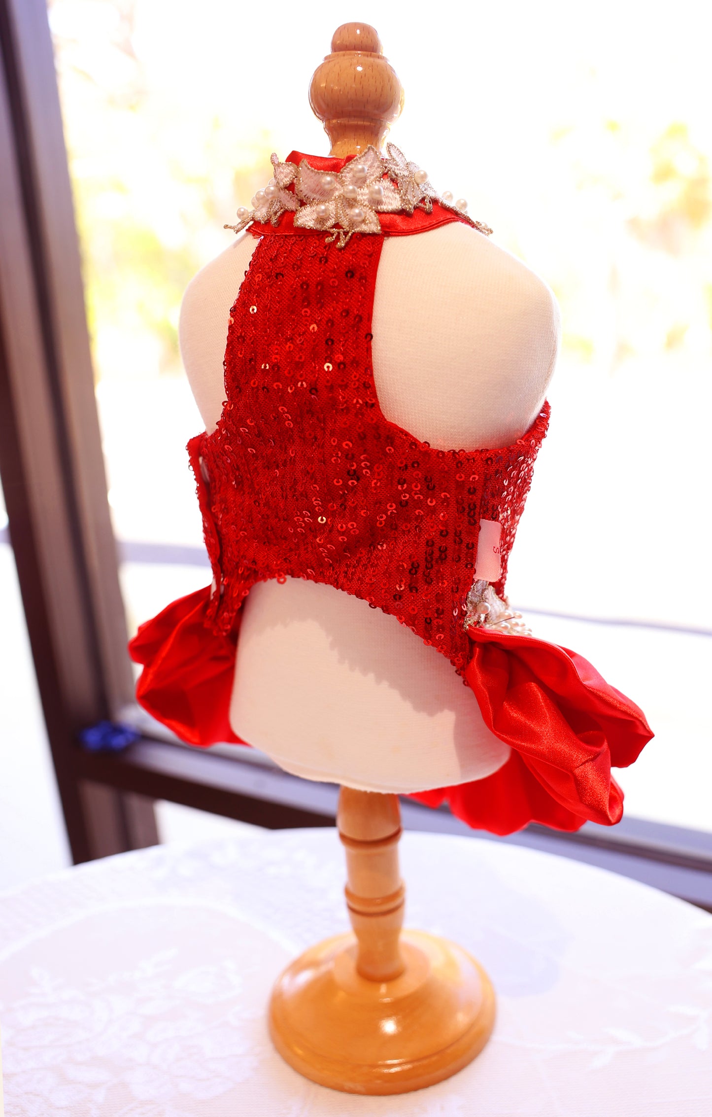 Handmade Luxury Red Sequin Dog Dress – Elegant Pet Party Dress with Pearl Lace