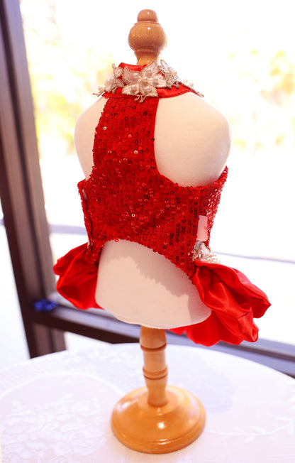 Handmade Luxury Red Sequin Dog Dress – Elegant Pet Party Dress with Pearl Lace