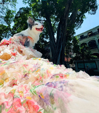 Luxury Floral Dog Dress with Ruffled Skirt & Pink Bow