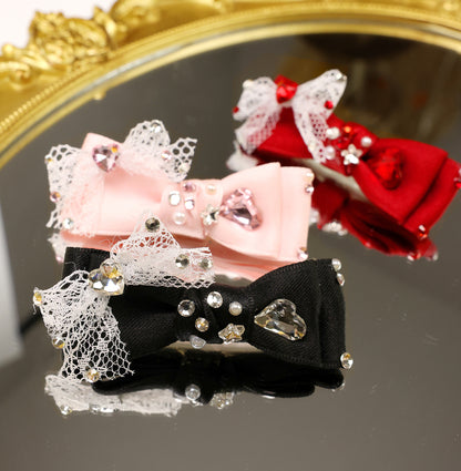 Pet Accessories Lace Bow Hair Clip with Heart Rhinestones headwear