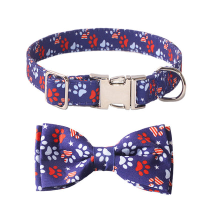 Navy patriotic paw-print pet collar with matching bow tie and silver-tone buckle detail