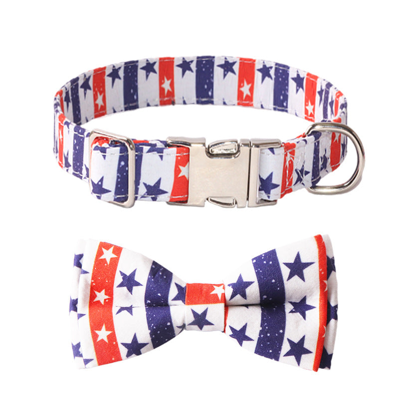 White red and blue stars and stripes pet collar with matching bow tie and silver-tone buckle detail
