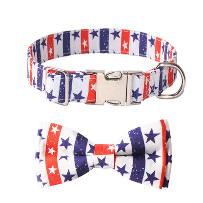 White red and blue stars and stripes pet collar with matching bow tie and silver-tone buckle detail