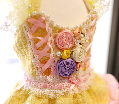 Yellow Princess Tweed Dog Dress – Luxury Lace Boutique Outfit for Small Dogs