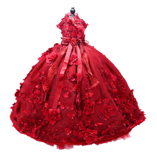 Luxury Burgundy Floral Dog Wedding Dress Handmade Princess Ball Gown with 3D Flowers and Sequined Embroidery
