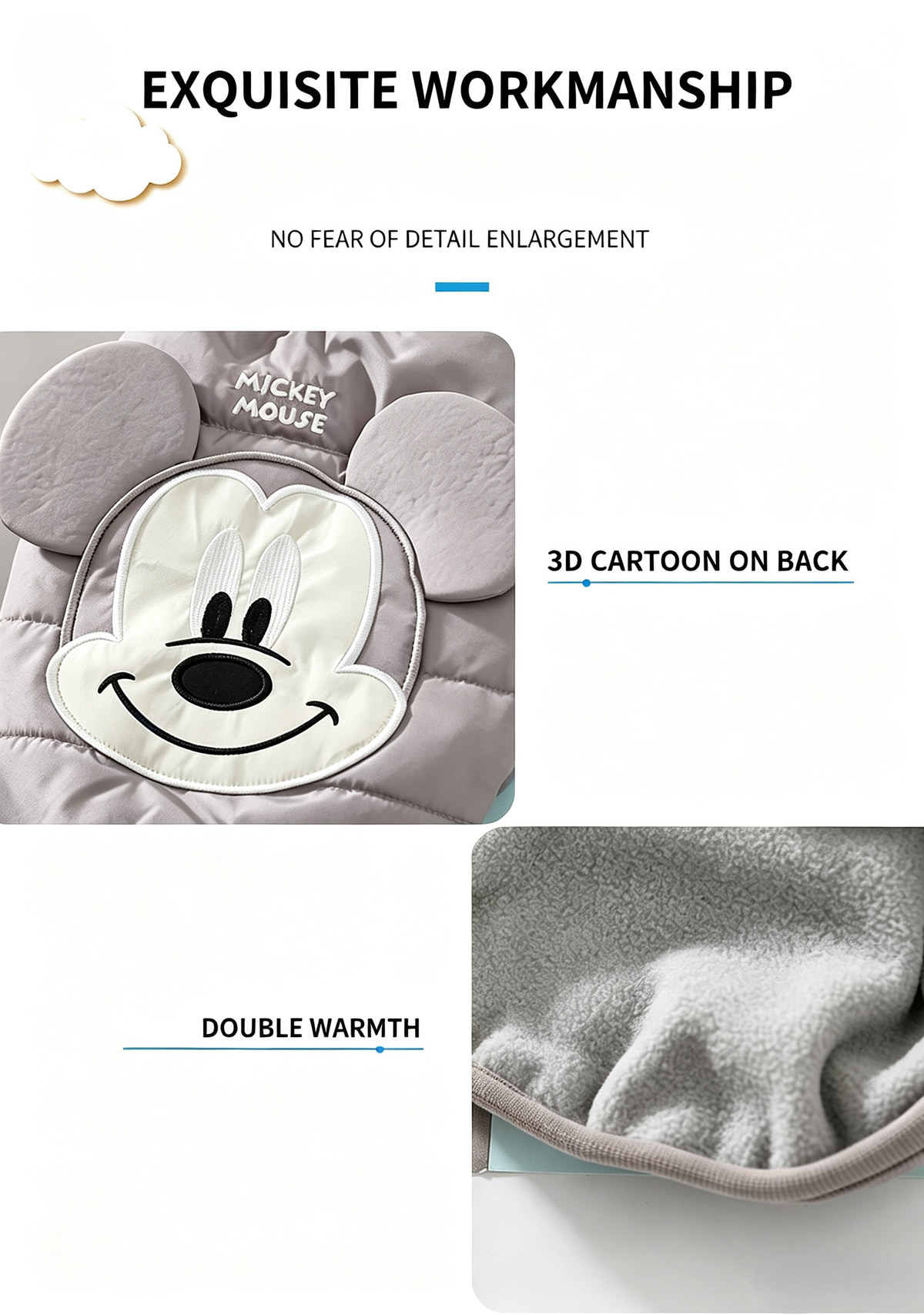 Raised cartoon face and fleece-like lining detail on padded dog vest
