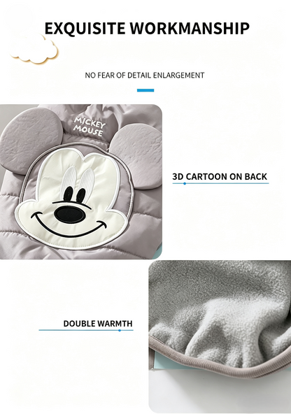 Raised cartoon face and fleece-like lining detail on padded dog vest