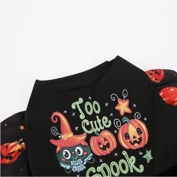 Detailed view of embroidered-style pumpkin character graphic on black pet dress