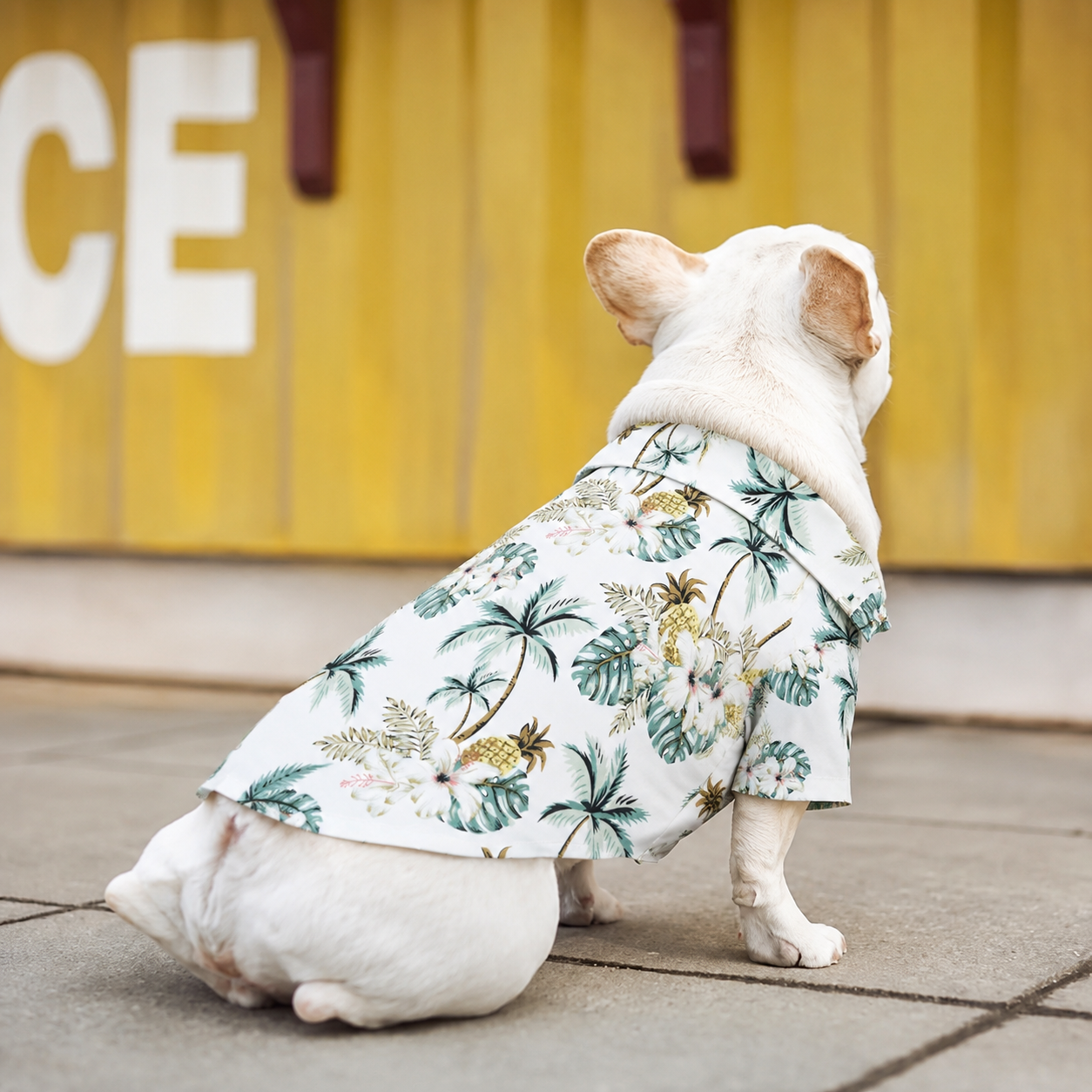 French bulldog wearing the white tropical dog shirt from the back