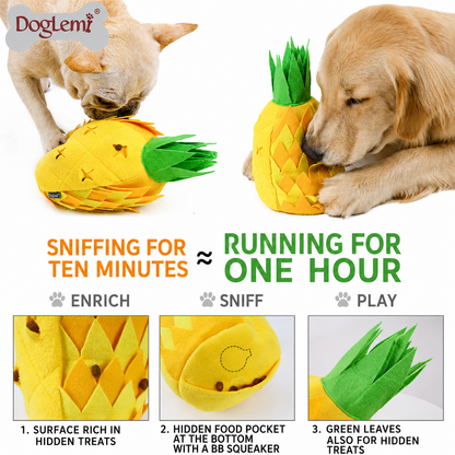 Dogs using interactive pineapple snuffle toy for nose work and treat searching enrichment