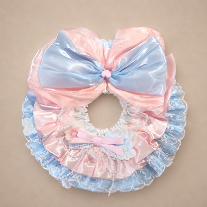 Pink Blue Floral Satin Lace Pet Bib Collar - pink blue bib collar flat lay