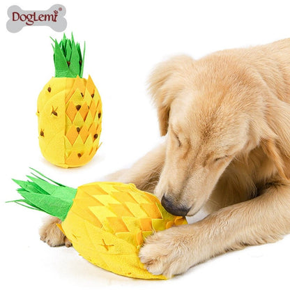 Interactive pineapple snuffle dog toy with plush treat hiding pockets