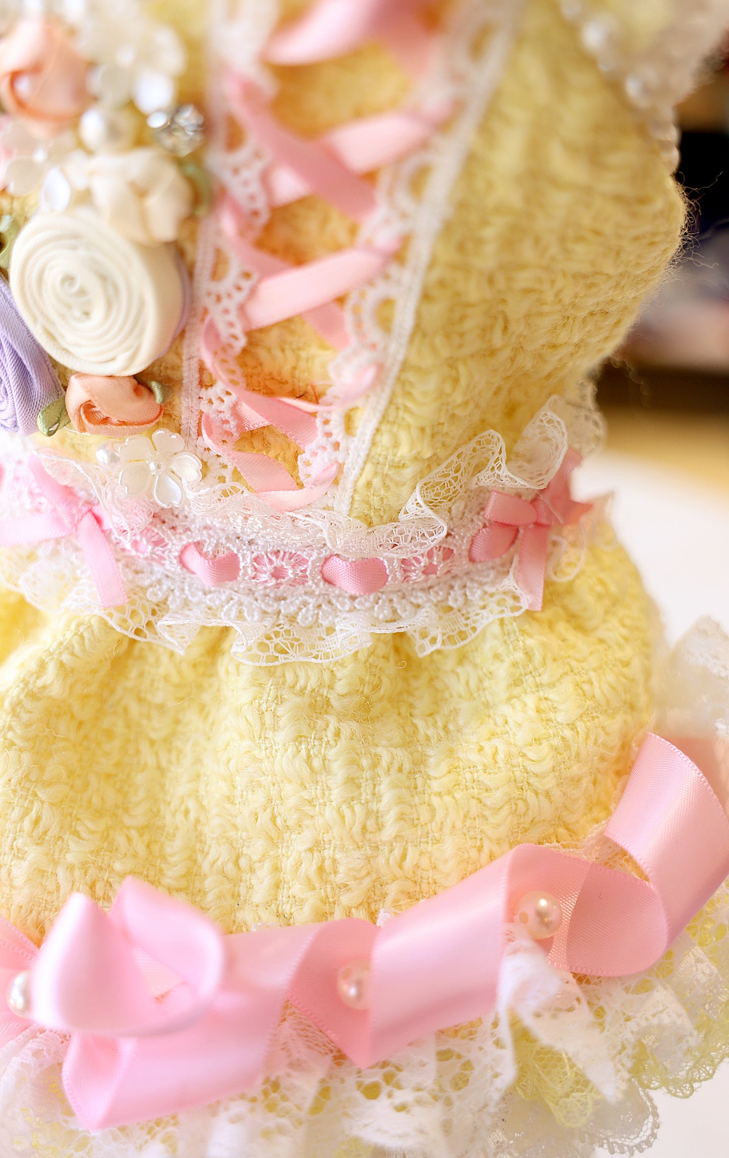 Yellow Princess Tweed Dog Dress – Luxury Lace Boutique Outfit for Small Dogs