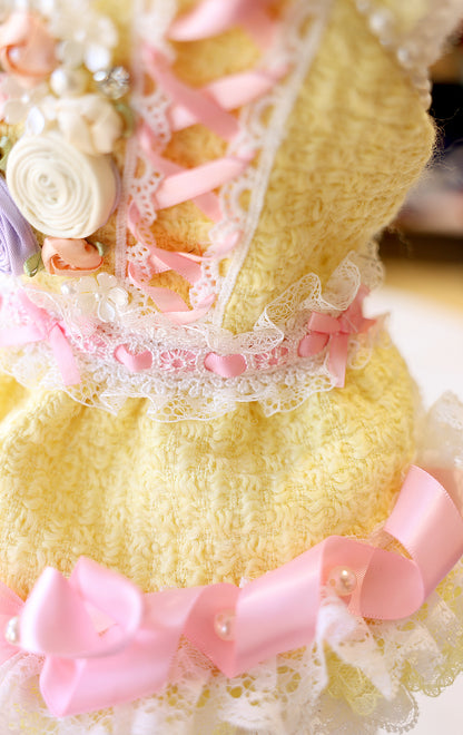 Yellow Princess Tweed Dog Dress – Luxury Lace Boutique Outfit for Small Dogs
