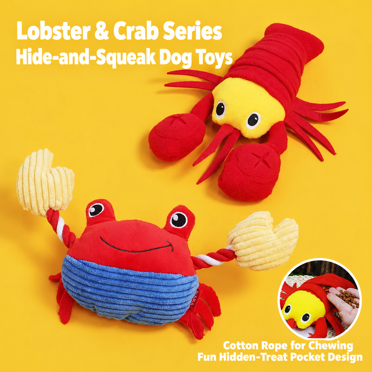 Red lobster and crab interactive plush dog toys on yellow background