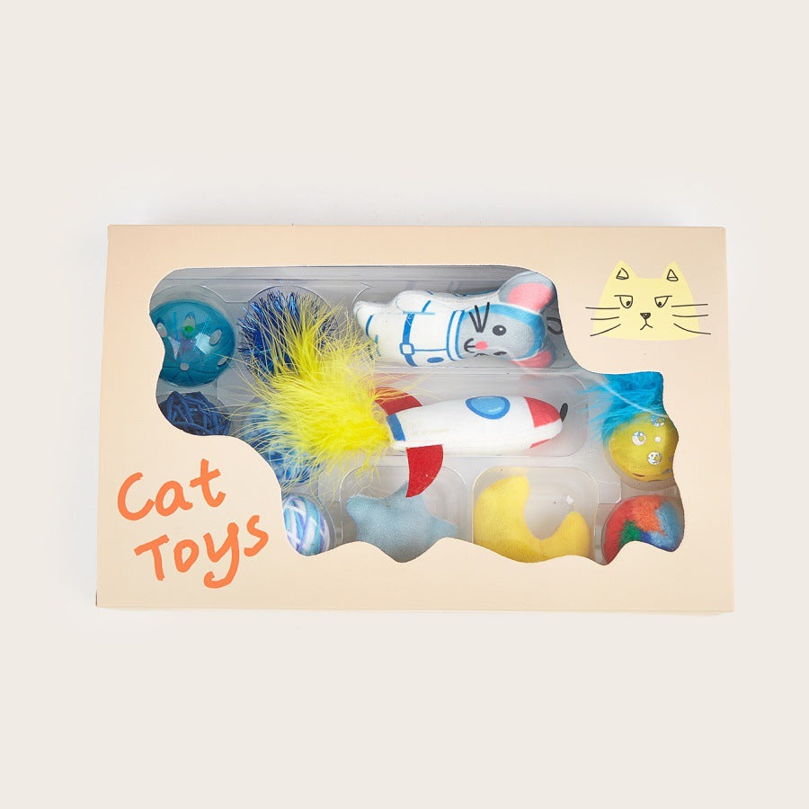 Boxed thirteen piece space adventure cat toy gift set