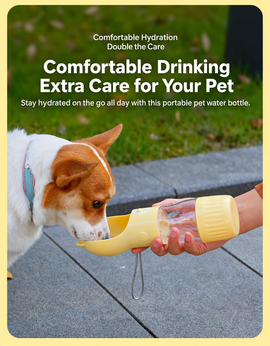 Dog drinking from yellow portable pet water bottle during an outdoor walk