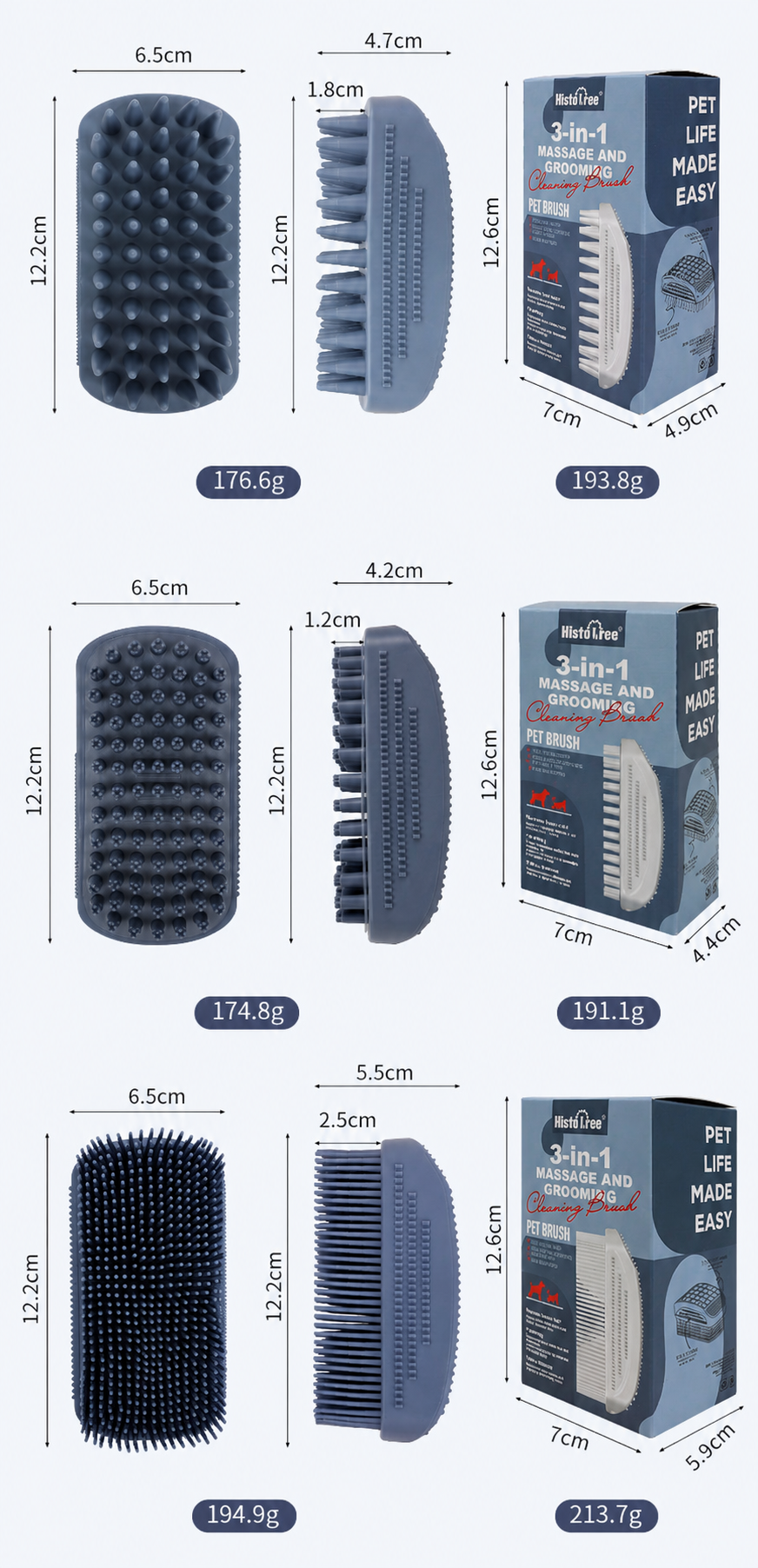 TPR pet bath massage brush size chart with cluster and fine bristle styles
