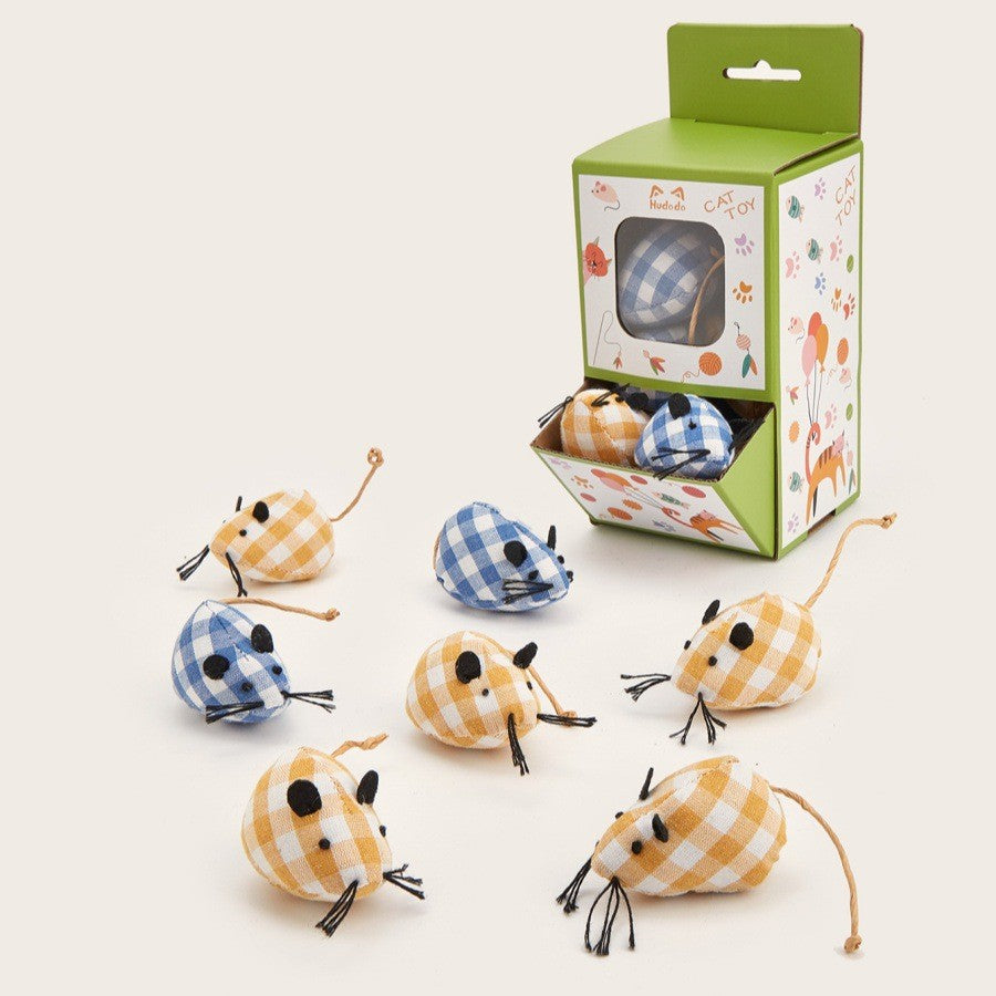 Blue and mustard gingham mouse cat toy assortment