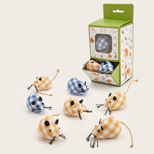Blue and mustard gingham mouse cat toy assortment