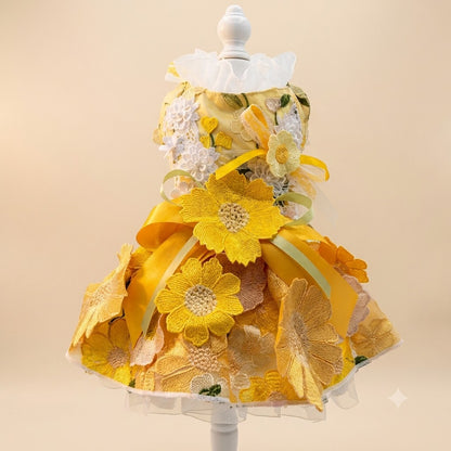 Yellow floral pet gown in short dress style with large 3D flower appliques