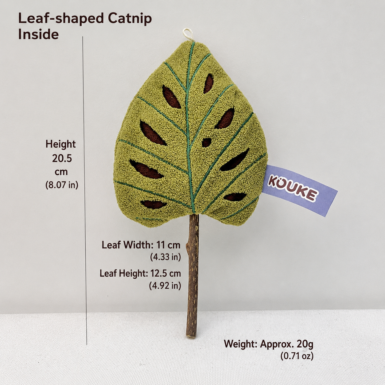 Leaf cat toy filled with premium catnip featuring a natural silvervine stem for kittens and indoor cats
