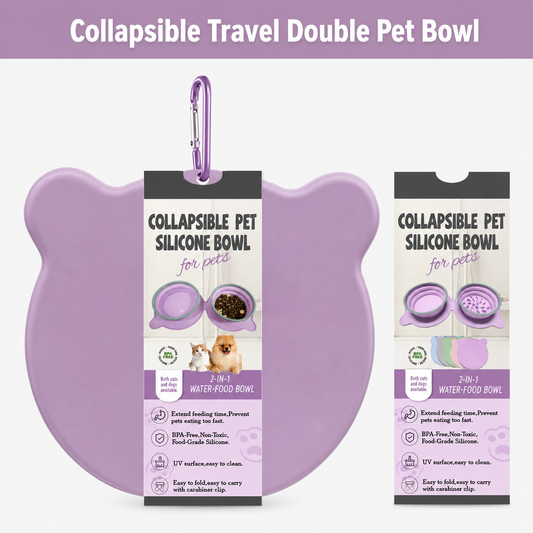 Purple collapsible travel double pet bowl with packaging and carabiner clip