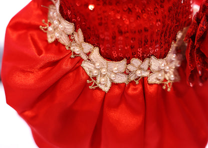 Handmade Luxury Red Sequin Dog Dress – Elegant Pet Party Dress with Pearl Lace