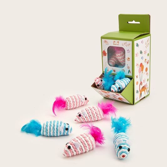 Pink and blue rope mouse cat toys with feather tails