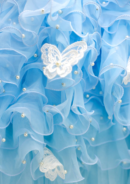 Handmade Luxury Pet Gown Trailing Dress Blue Chiffon Dog Gown Dog Dress