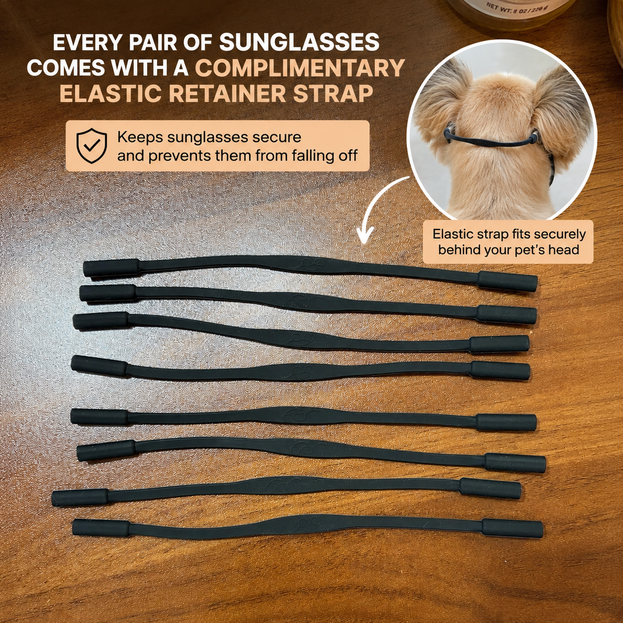 Elastic retainer straps included with pearl round pet sunglasses