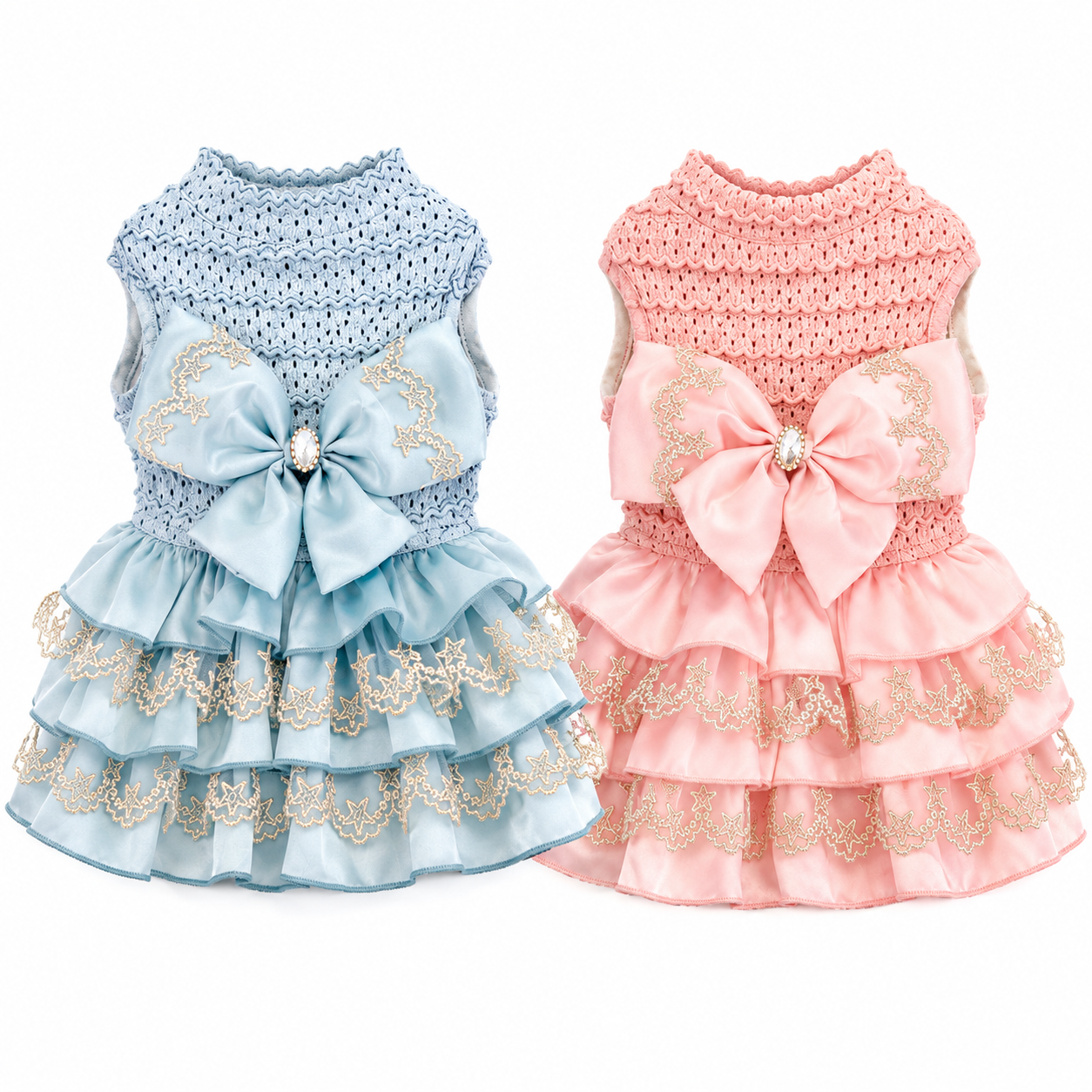 Rear view of blue and pink dog dresses showing breathable knit back design and layered lace skirt construction