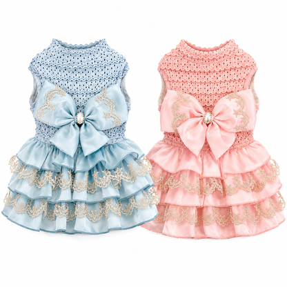 Rear view of blue and pink dog dresses showing breathable knit back design and layered lace skirt construction