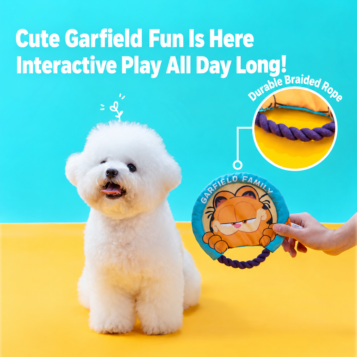 Small white dog beside Garfield paw ring pet toy with braided rope handle