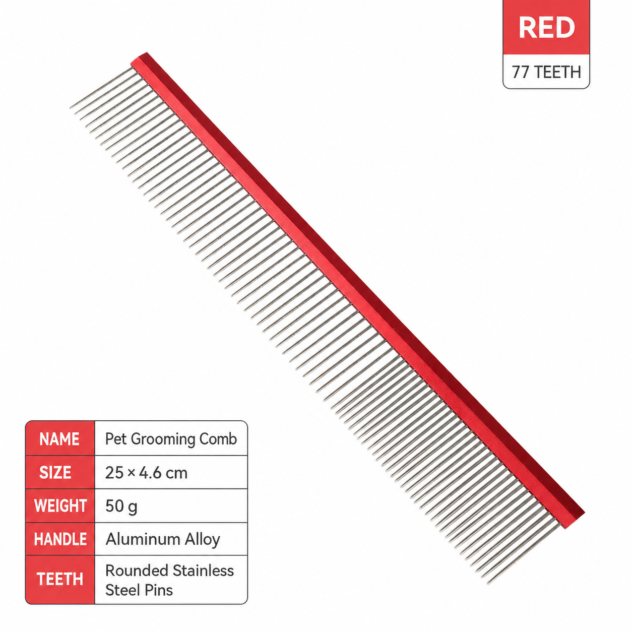 Red 77 teeth pet grooming comb with rounded stainless steel pins and larger size details