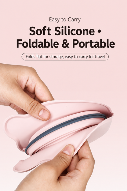 Pink soft silicone collapsible pet bowl folded for easy carrying