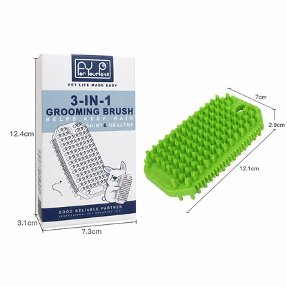 Green 3-in-1 silicone pet grooming brush size chart with box measurements