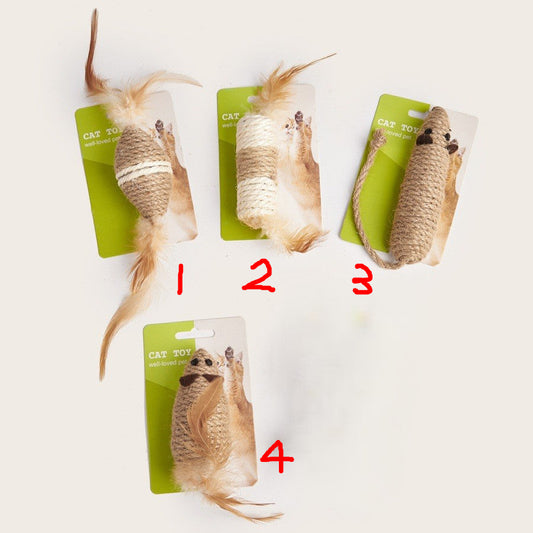 Four assorted natural sisal mouse cat toys with feathers and rope tails