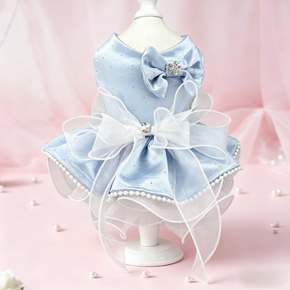 Luxury Blue Satin Dog Dress for Wedding Party | Small Dog Princess Outfit