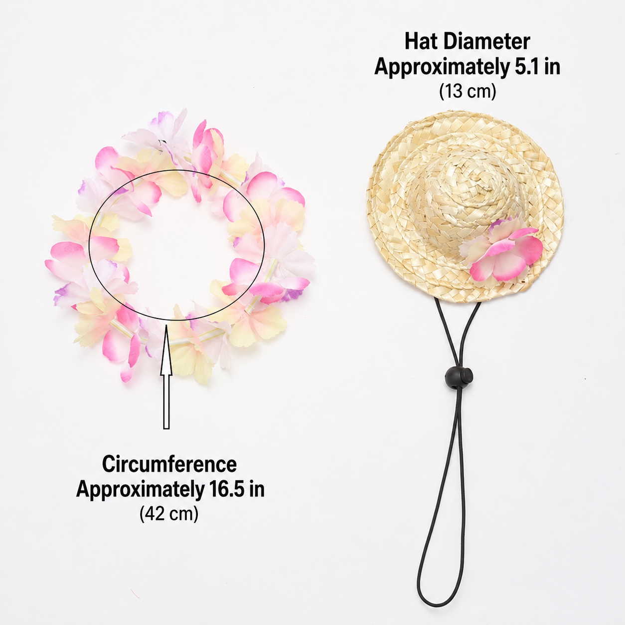 Pastel flower lei and pet straw hat size guide with 5.1 inch hat diameter