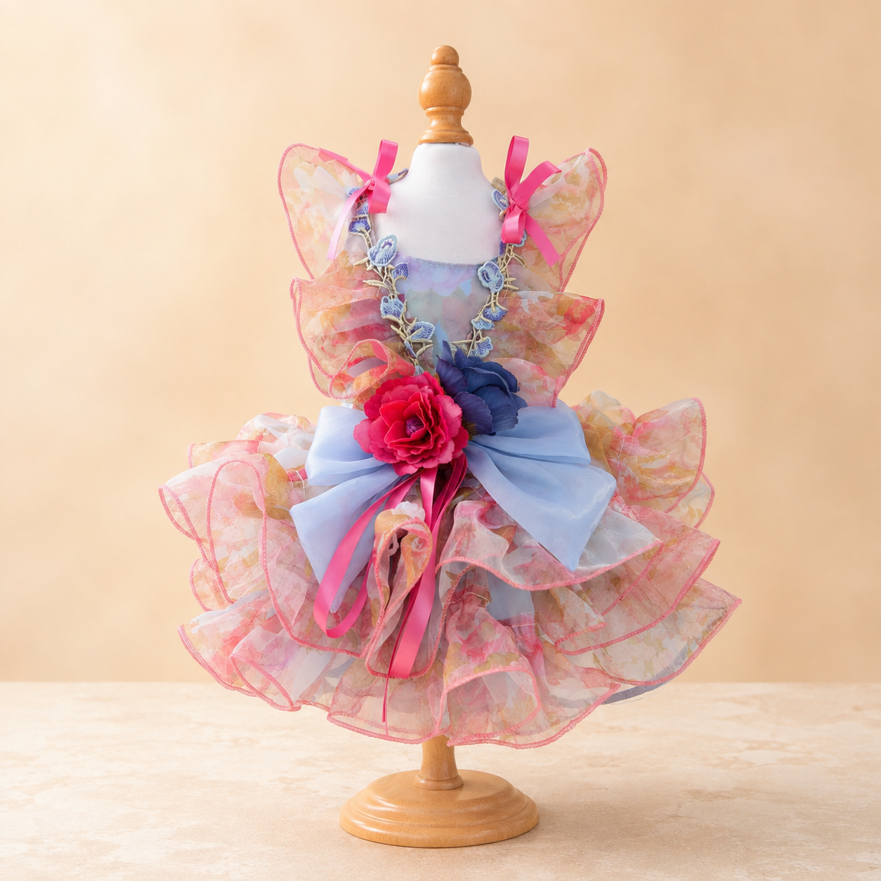 Studio front view of pastel floral short tulle pet dress with blue bow